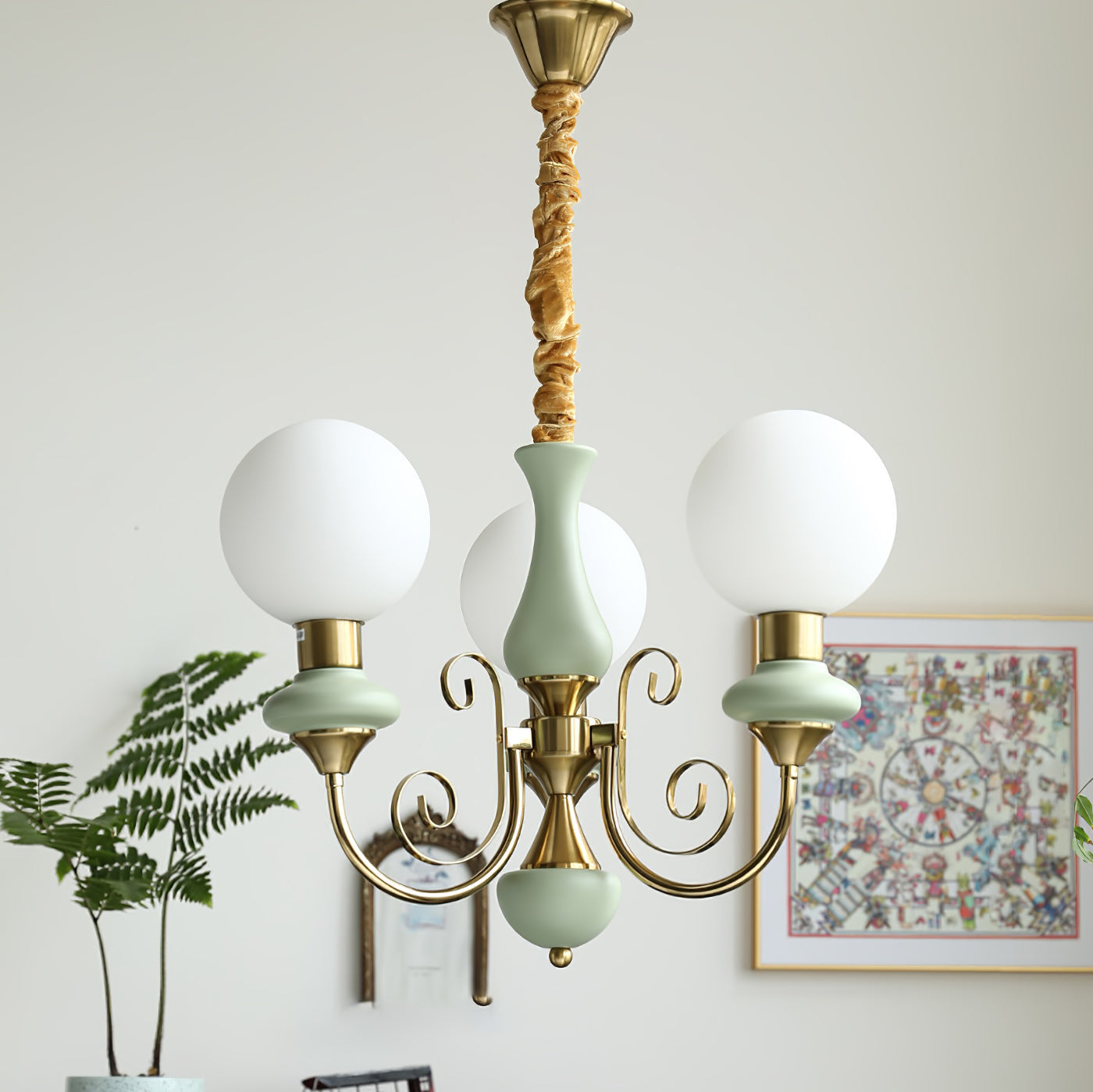 Lustra Chandelier Green Shades Gold Curved Arms-Neutral Decor