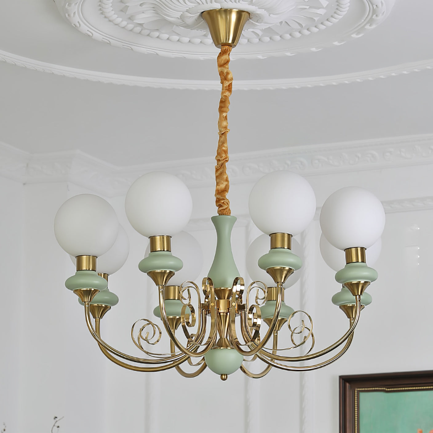 Lustra Chandelier Green Shades Gold Curved Arms-Neutral Decor