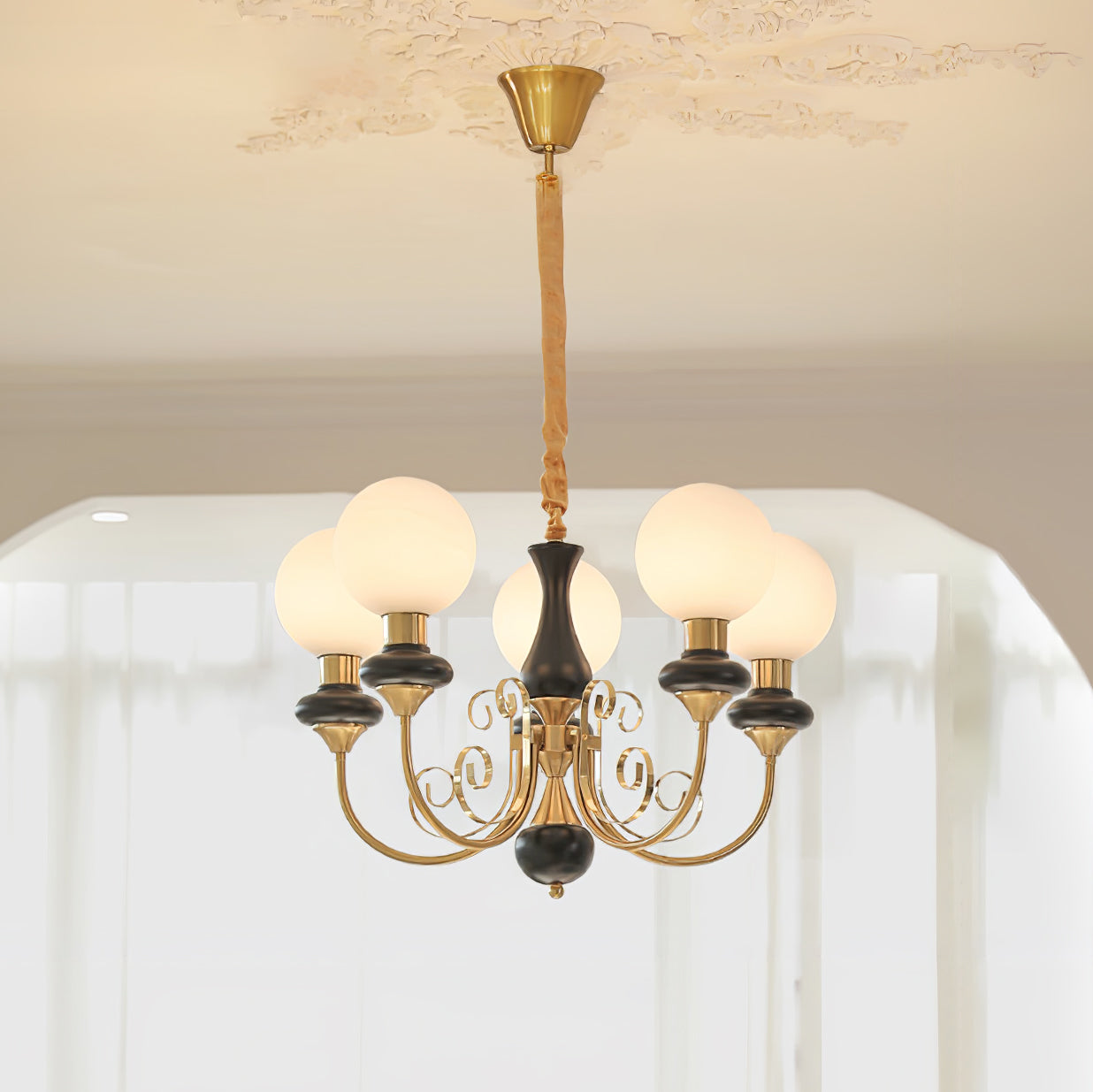 Lustra Chandelier Green Shades Gold Curved Arms-Neutral Decor