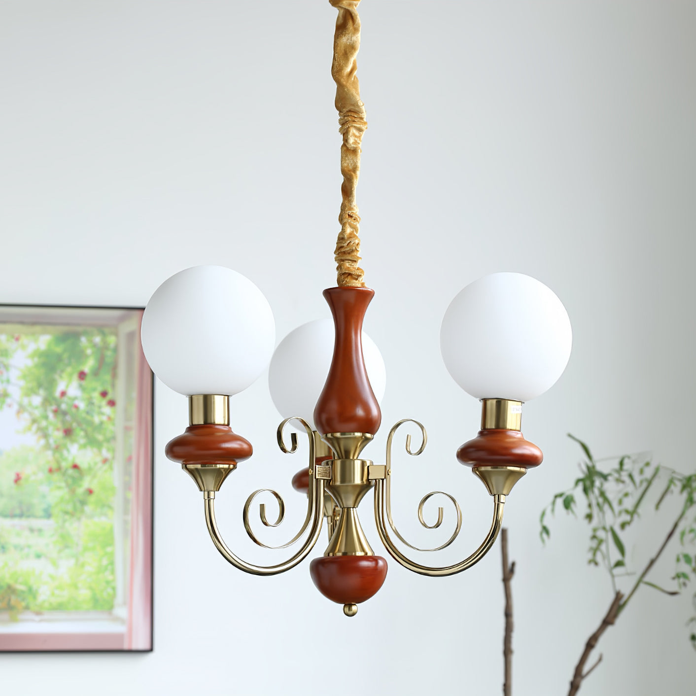 Lustra Chandelier Green Shades Gold Curved Arms-Neutral Decor