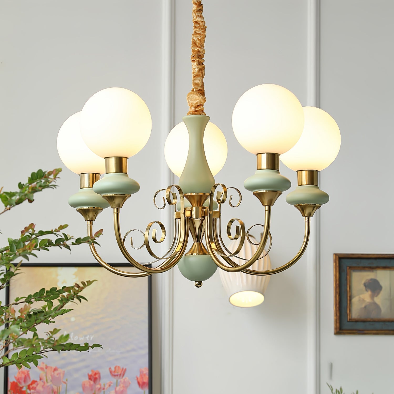 Lustra Chandelier Green Shades Gold Curved Arms-Neutral Decor