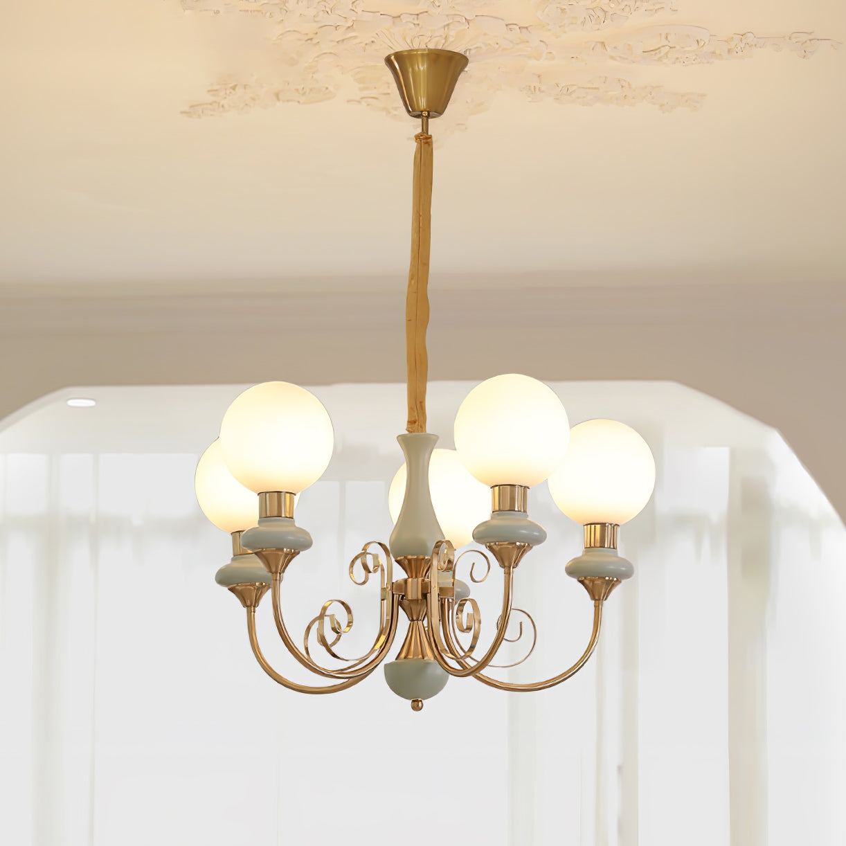 Lustra Chandelier Green Shades Gold Curved Arms-Neutral Decor