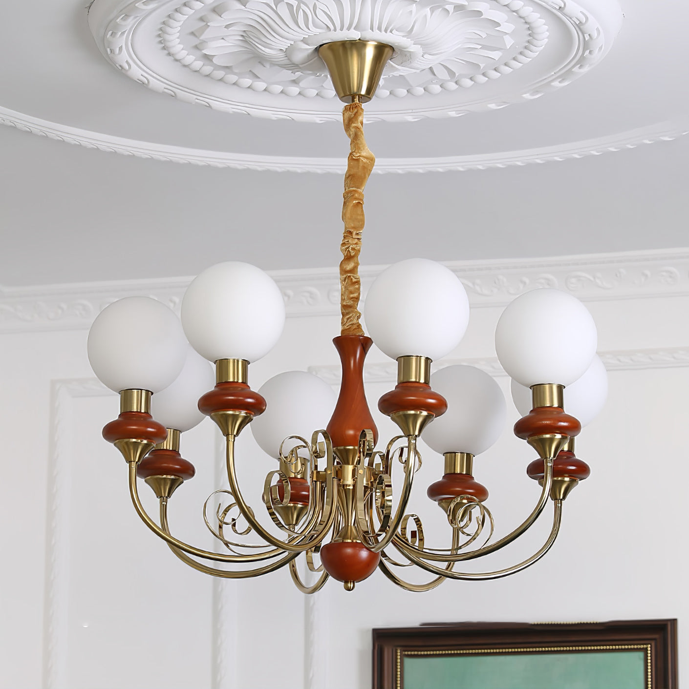 Lustra Chandelier Green Shades Gold Curved Arms-Neutral Decor