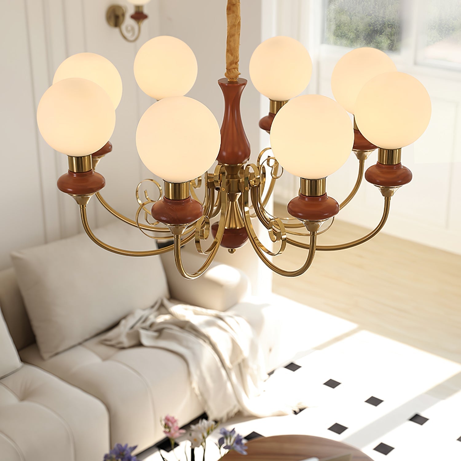 Lustra Chandelier Green Shades Gold Curved Arms-Neutral Decor