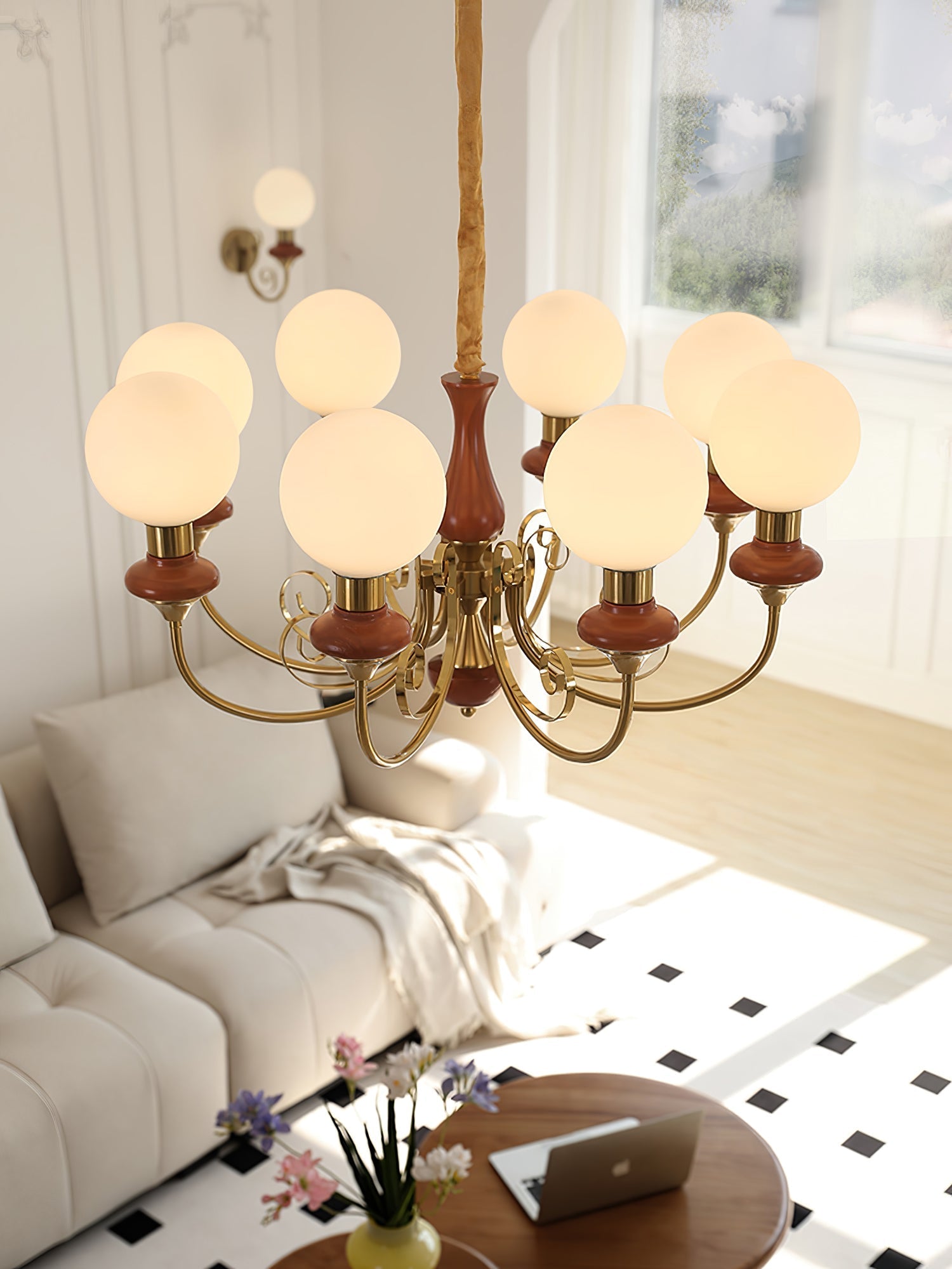 Lustra Chandelier Green Shades Gold Curved Arms-Neutral Decor