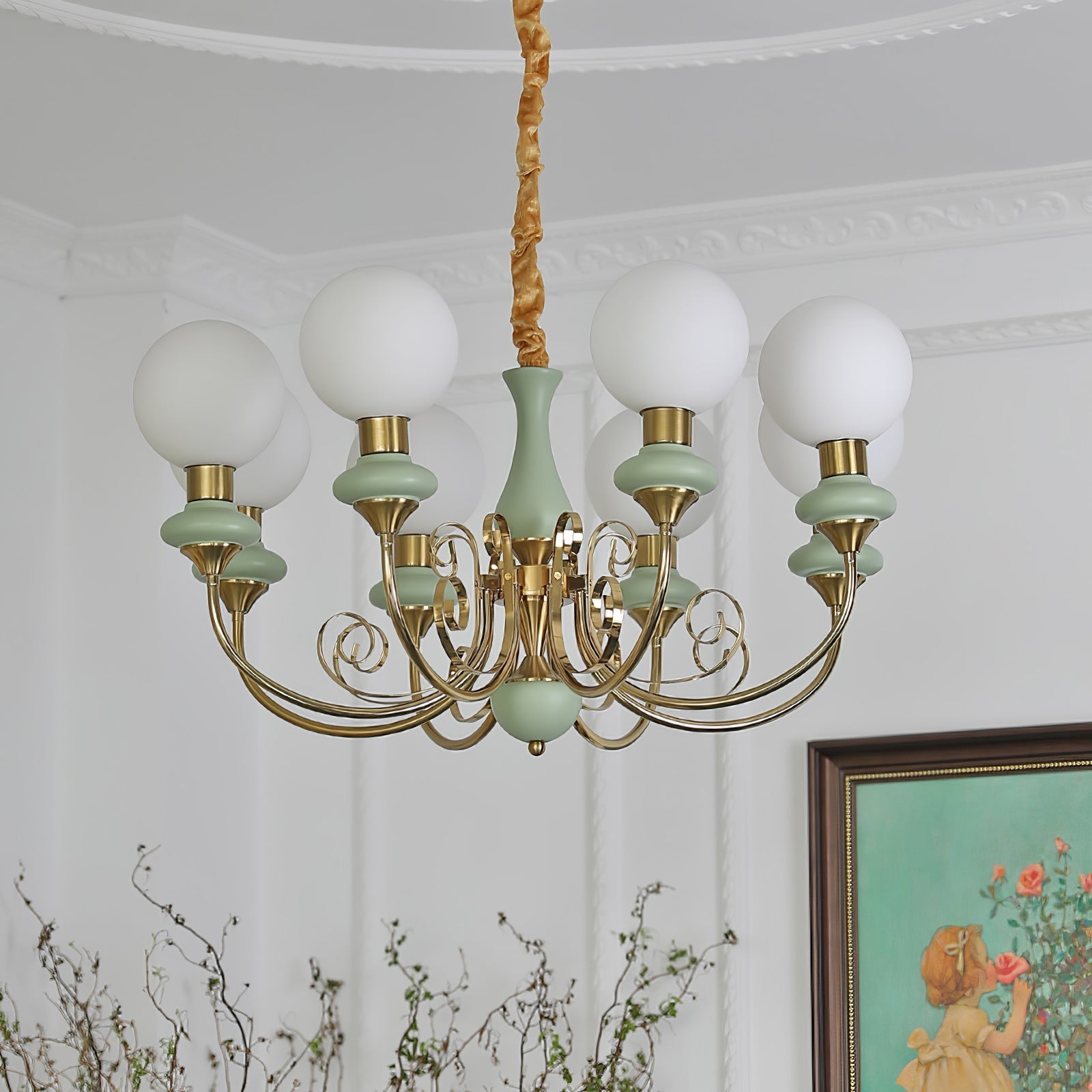 Lustra Chandelier Green Shades Gold Curved Arms-Neutral Decor