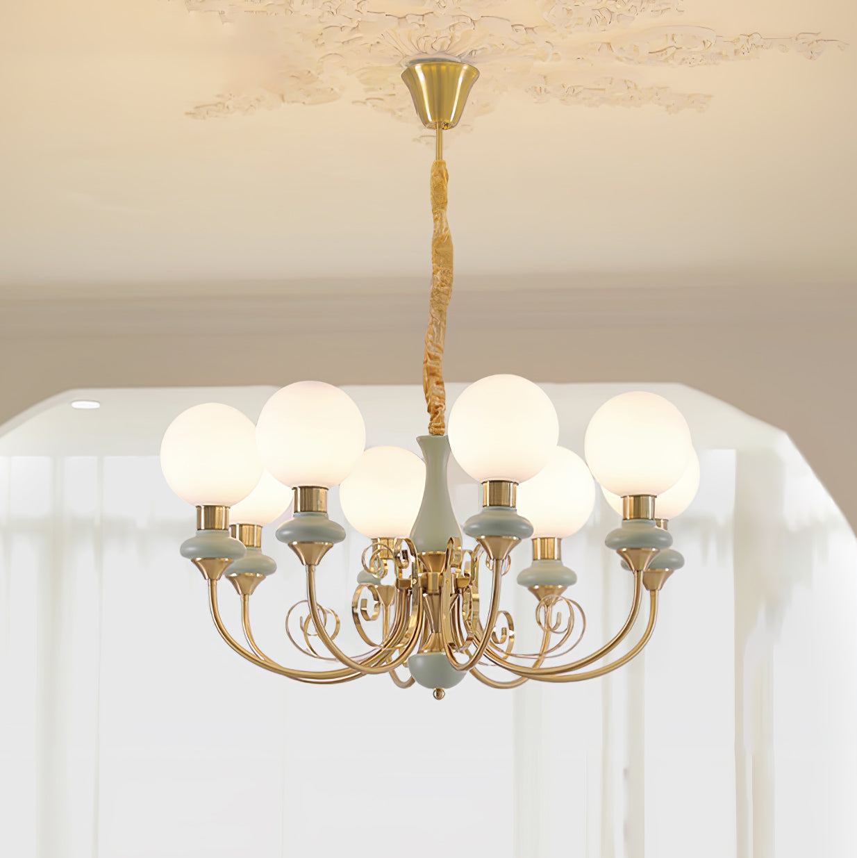 Lustra Chandelier Green Shades Gold Curved Arms-Neutral Decor