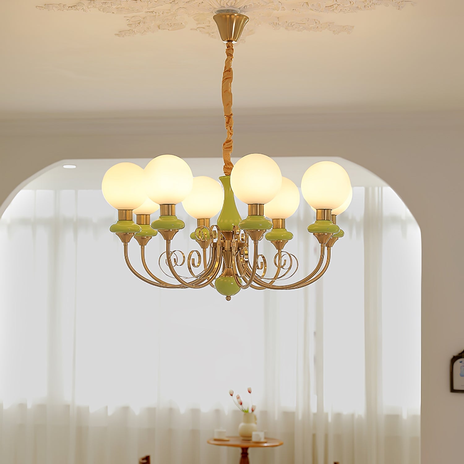 Lustra Chandelier Green Shades Gold Curved Arms-Neutral Decor