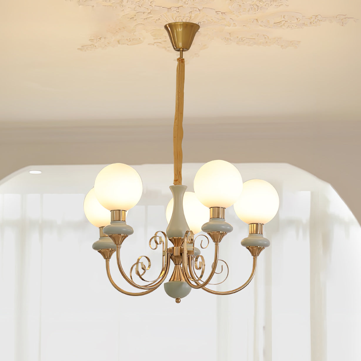 Lustra Chandelier Green Shades Gold Curved Arms-Neutral Decor
