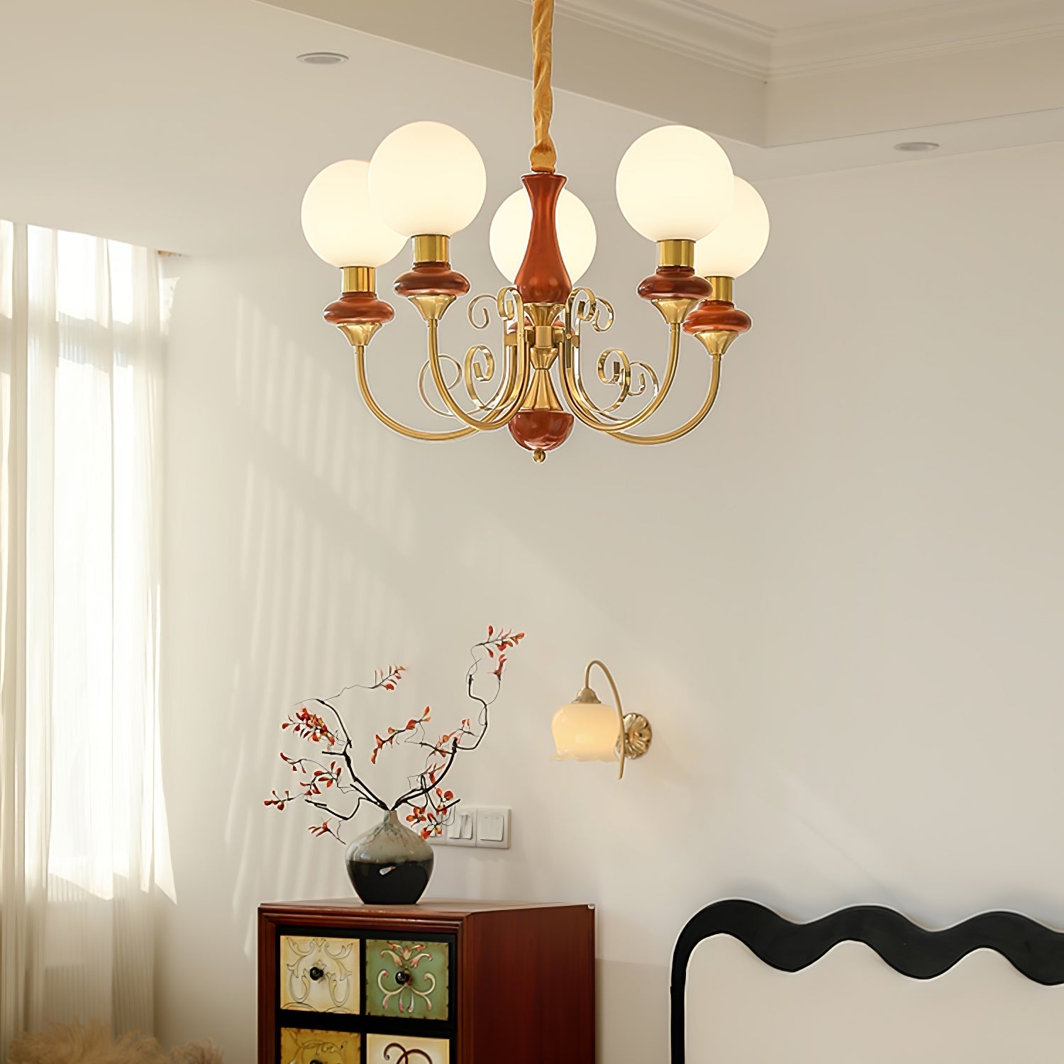 Lustra Chandelier Green Shades Gold Curved Arms-Neutral Decor