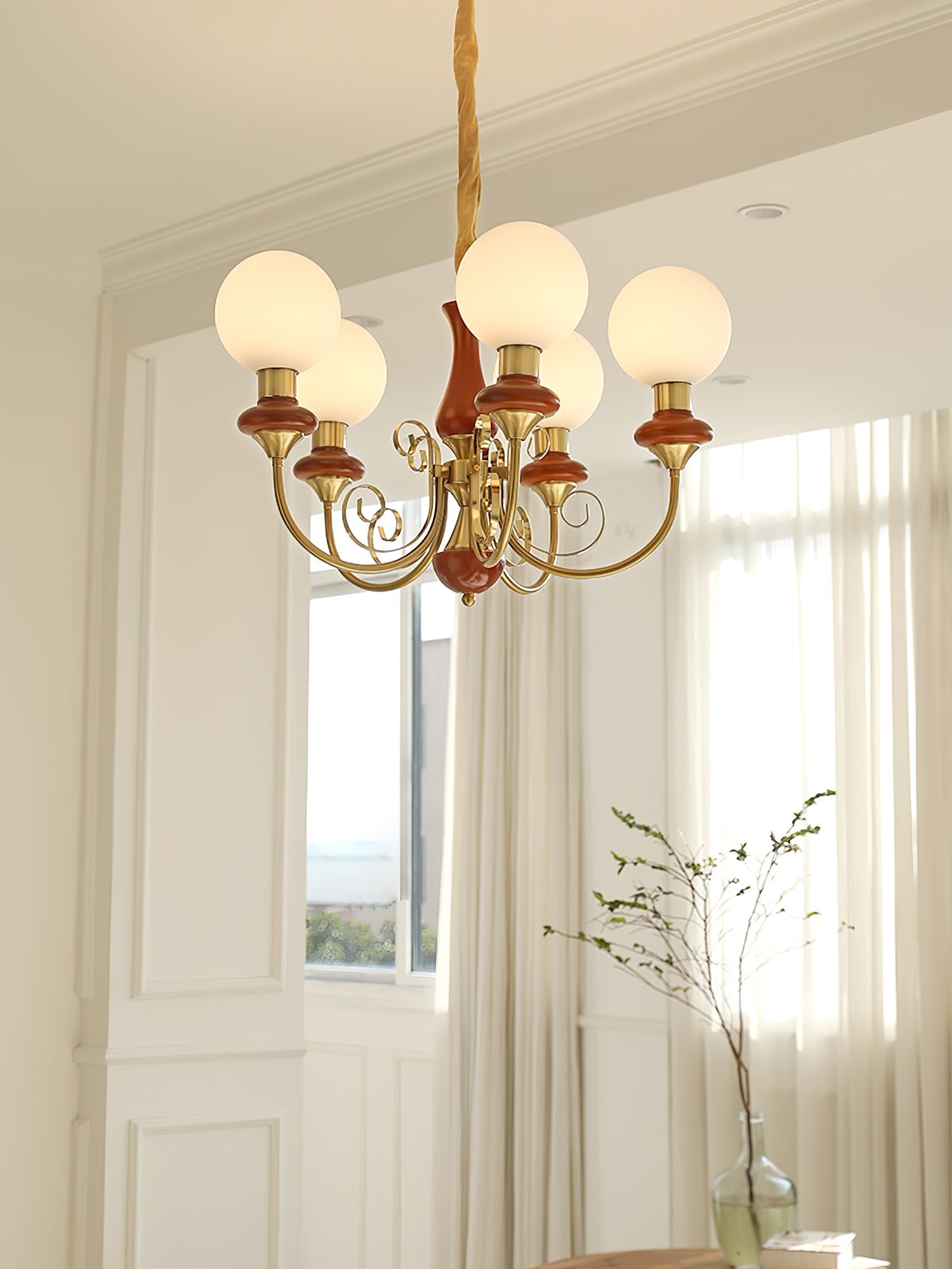 Lustra Chandelier Green Shades Gold Curved Arms-Neutral Decor