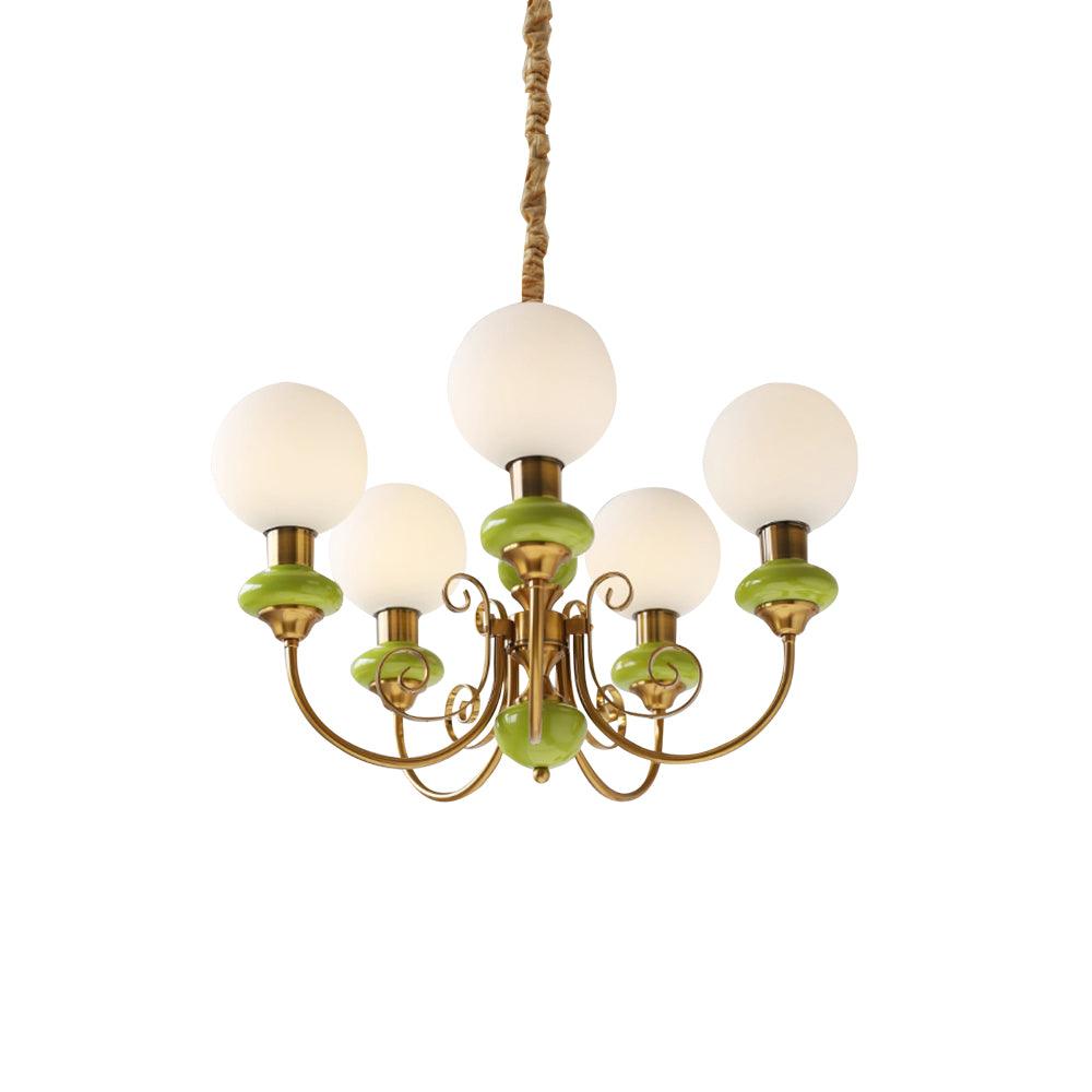 Lustra Chandelier Green Shades Gold Curved Arms-Neutral Decor