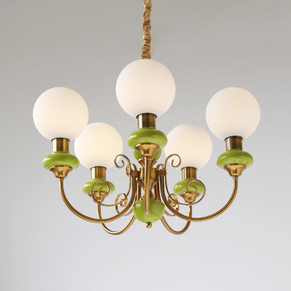Lustra Chandelier Green Shades Gold Curved Arms-Neutral Decor