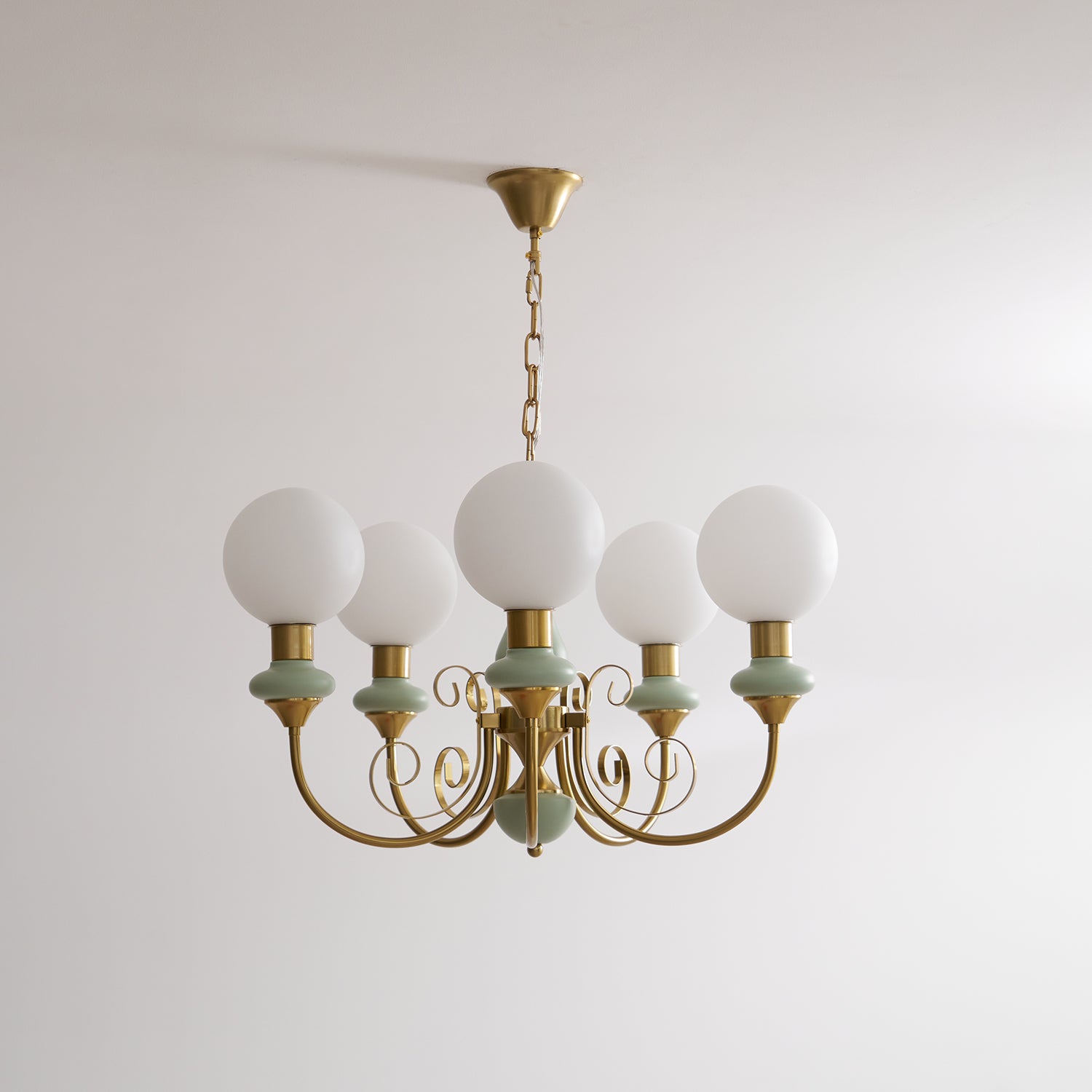 Lustra Chandelier Green Shades Gold Curved Arms-Neutral Decor