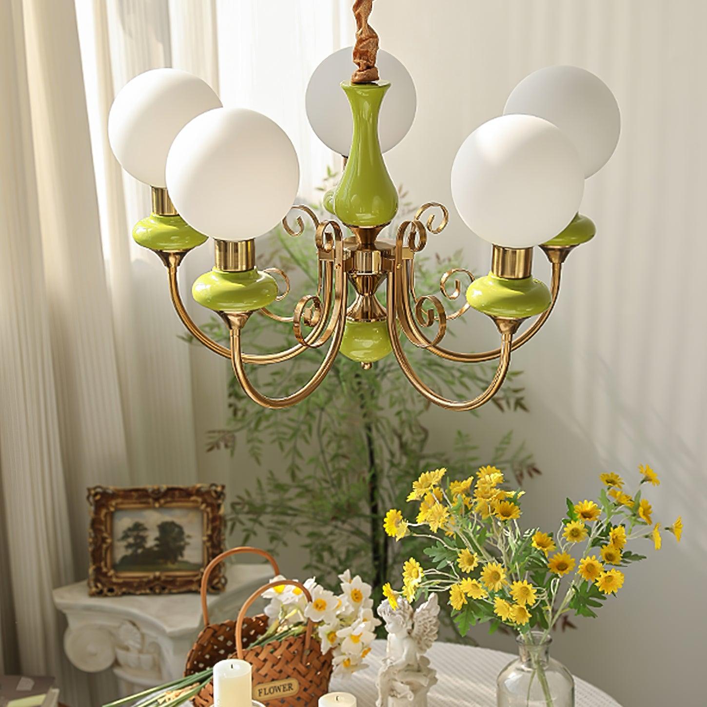 Lustra Chandelier Green Shades Gold Curved Arms-Neutral Decor