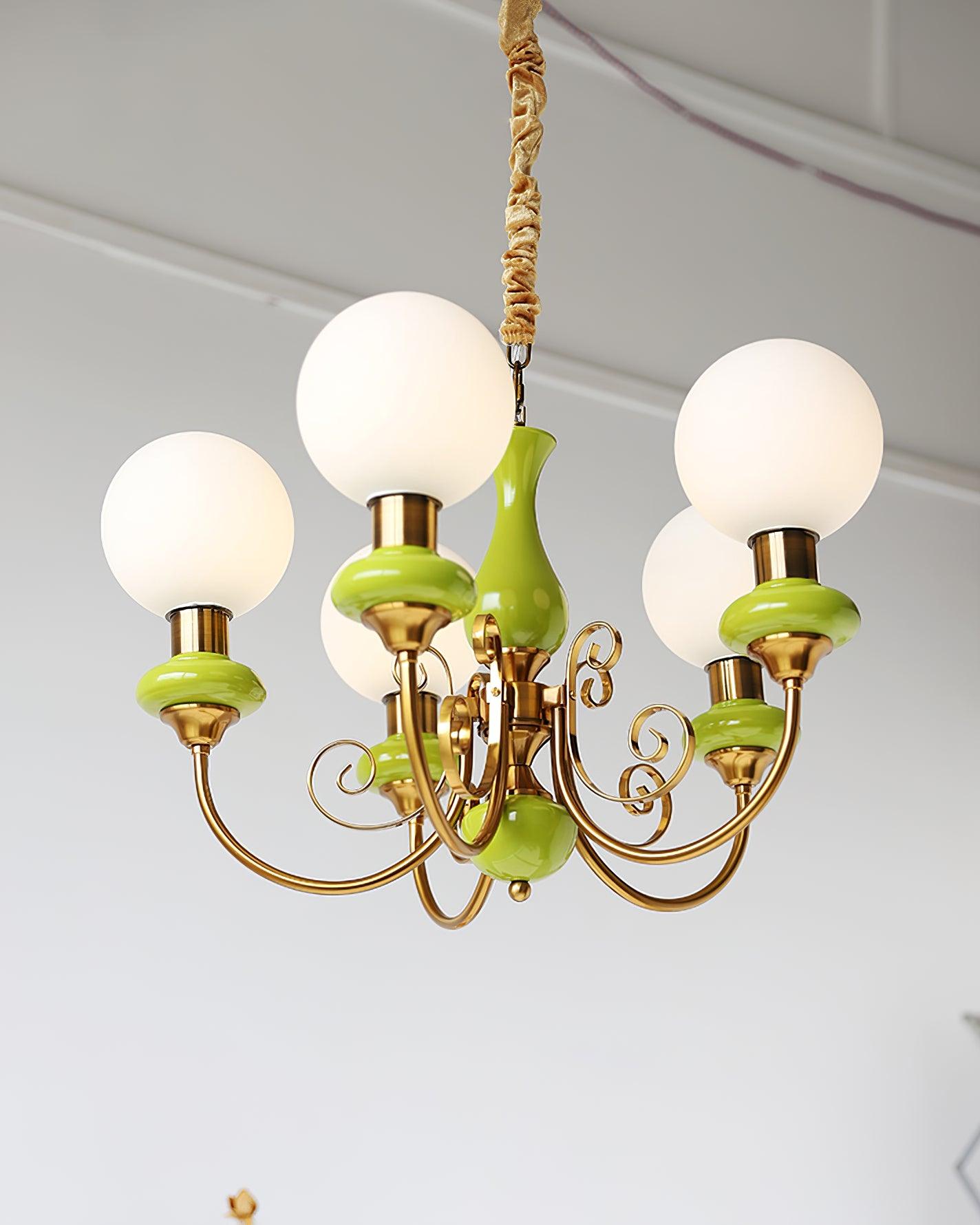 Lustra Chandelier Green Shades Gold Curved Arms-Neutral Decor