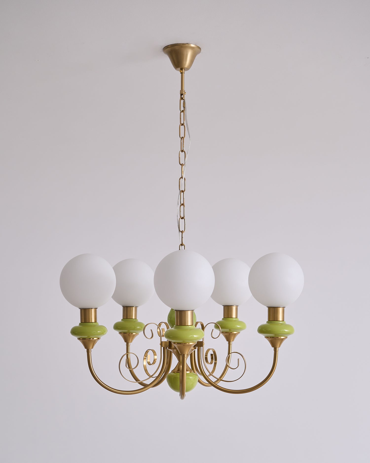 Lustra Chandelier Green Shades Gold Curved Arms-Neutral Decor