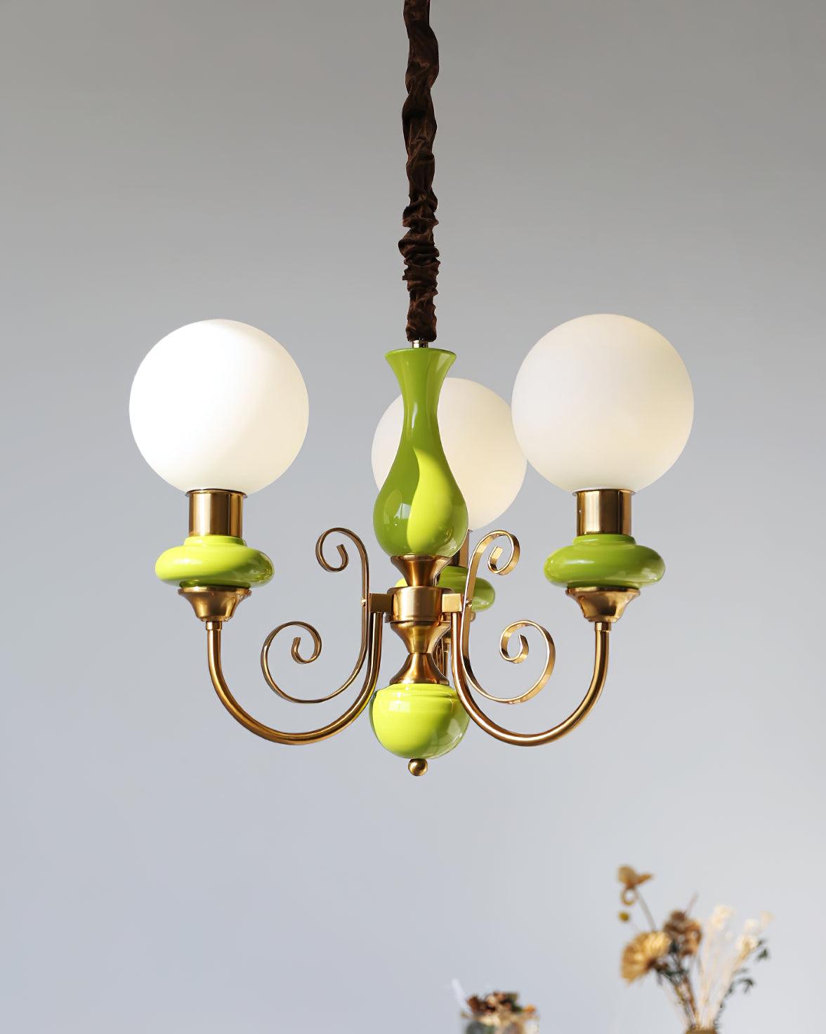 Lustra Chandelier Green Shades Gold Curved Arms-Neutral Decor