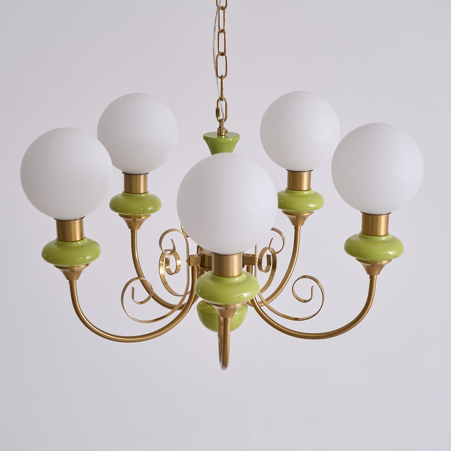 Lustra Chandelier Green Shades Gold Curved Arms-Neutral Decor