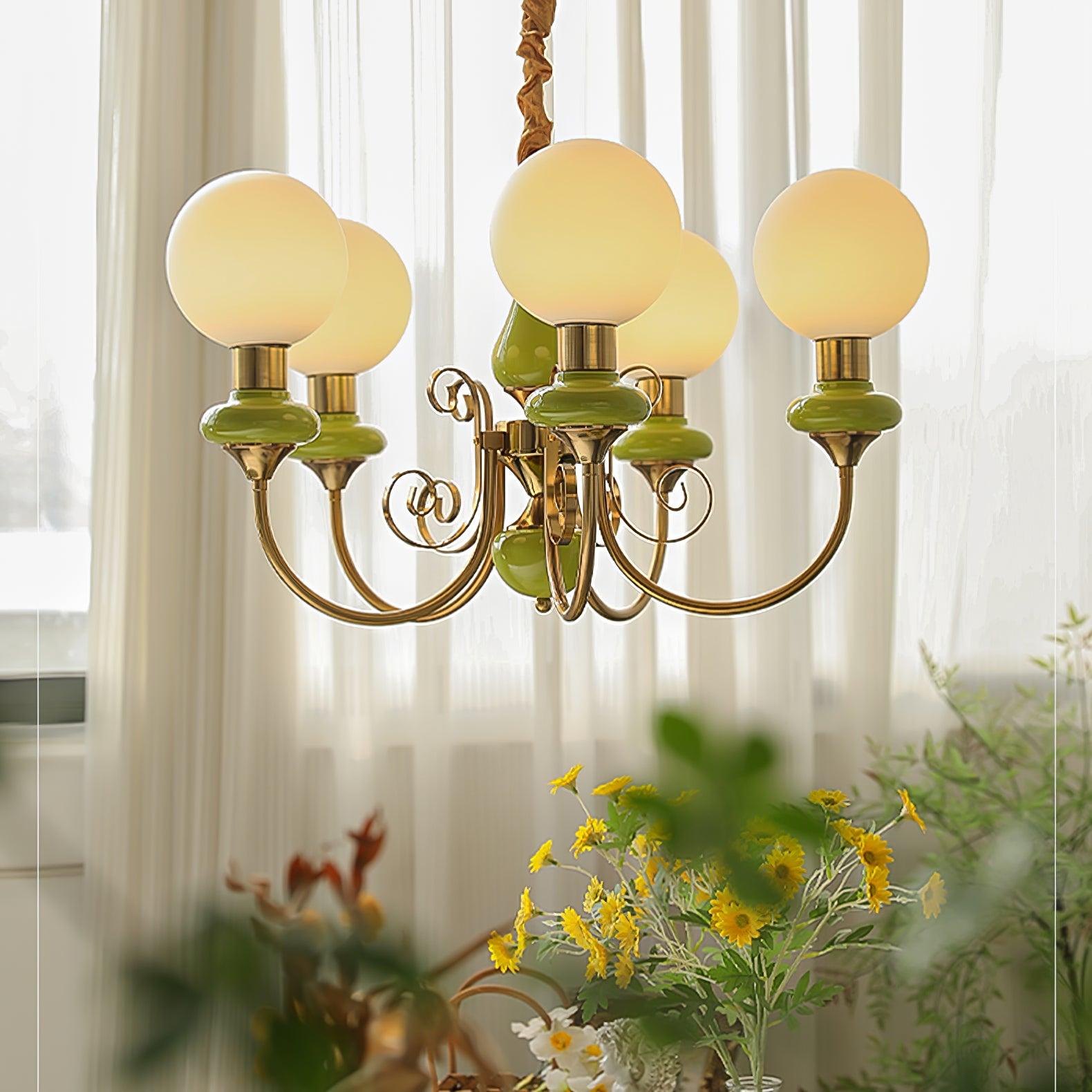 Lustra Chandelier Green Shades Gold Curved Arms-Neutral Decor
