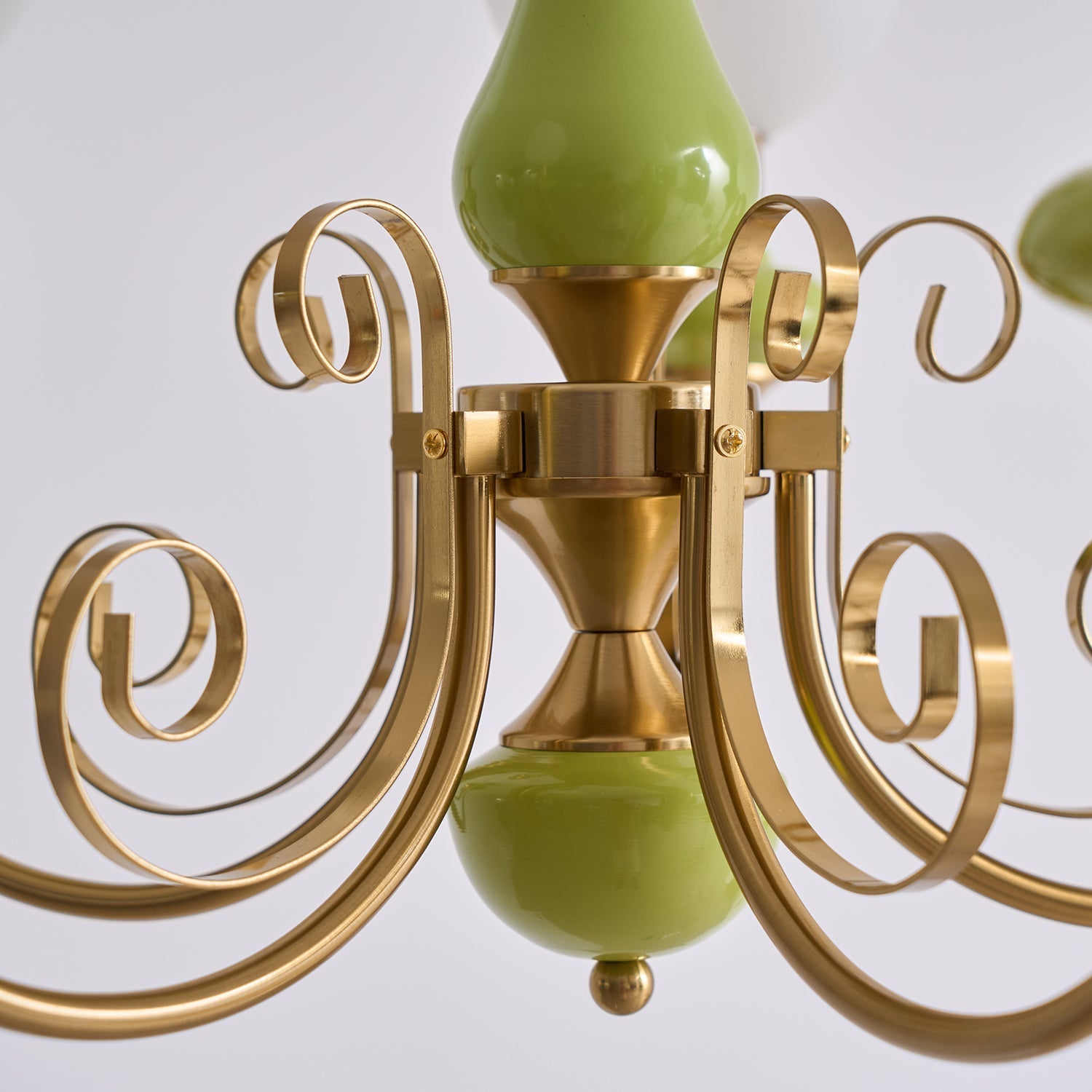Lustra Chandelier Green Shades Gold Curved Arms-Neutral Decor