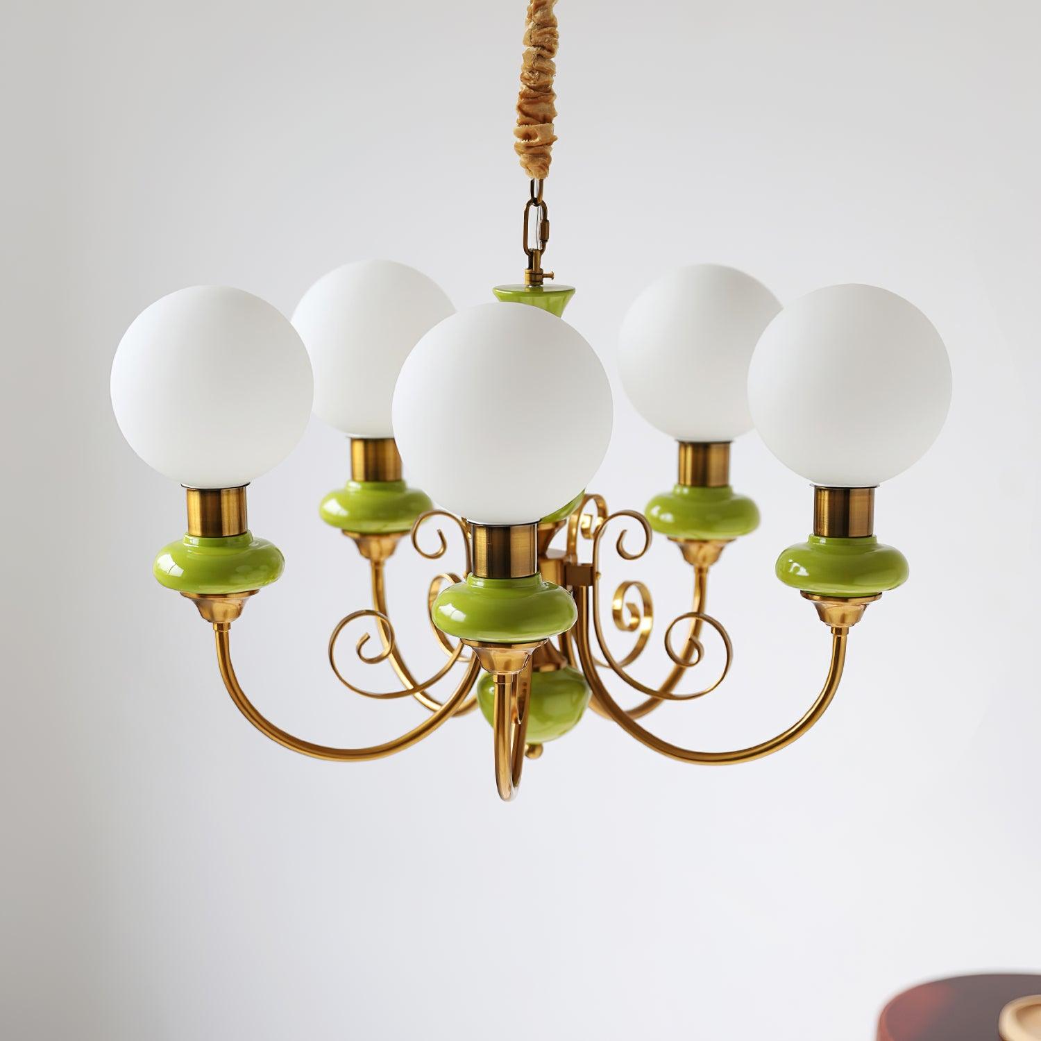 Lustra Chandelier Green Shades Gold Curved Arms-Neutral Decor