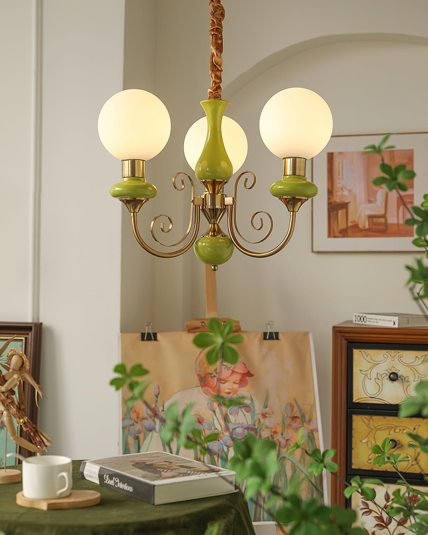 Lustra Chandelier Green Shades Gold Curved Arms-Neutral Decor