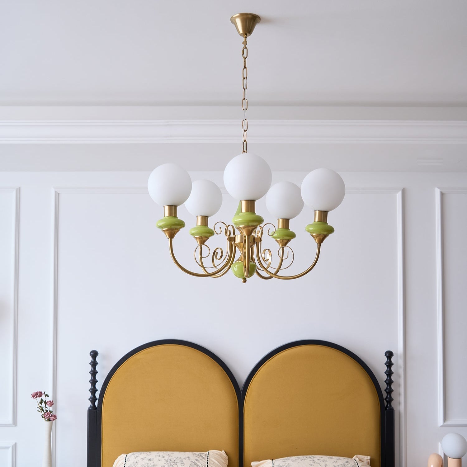 Lustra Chandelier Green Shades Gold Curved Arms-Neutral Decor