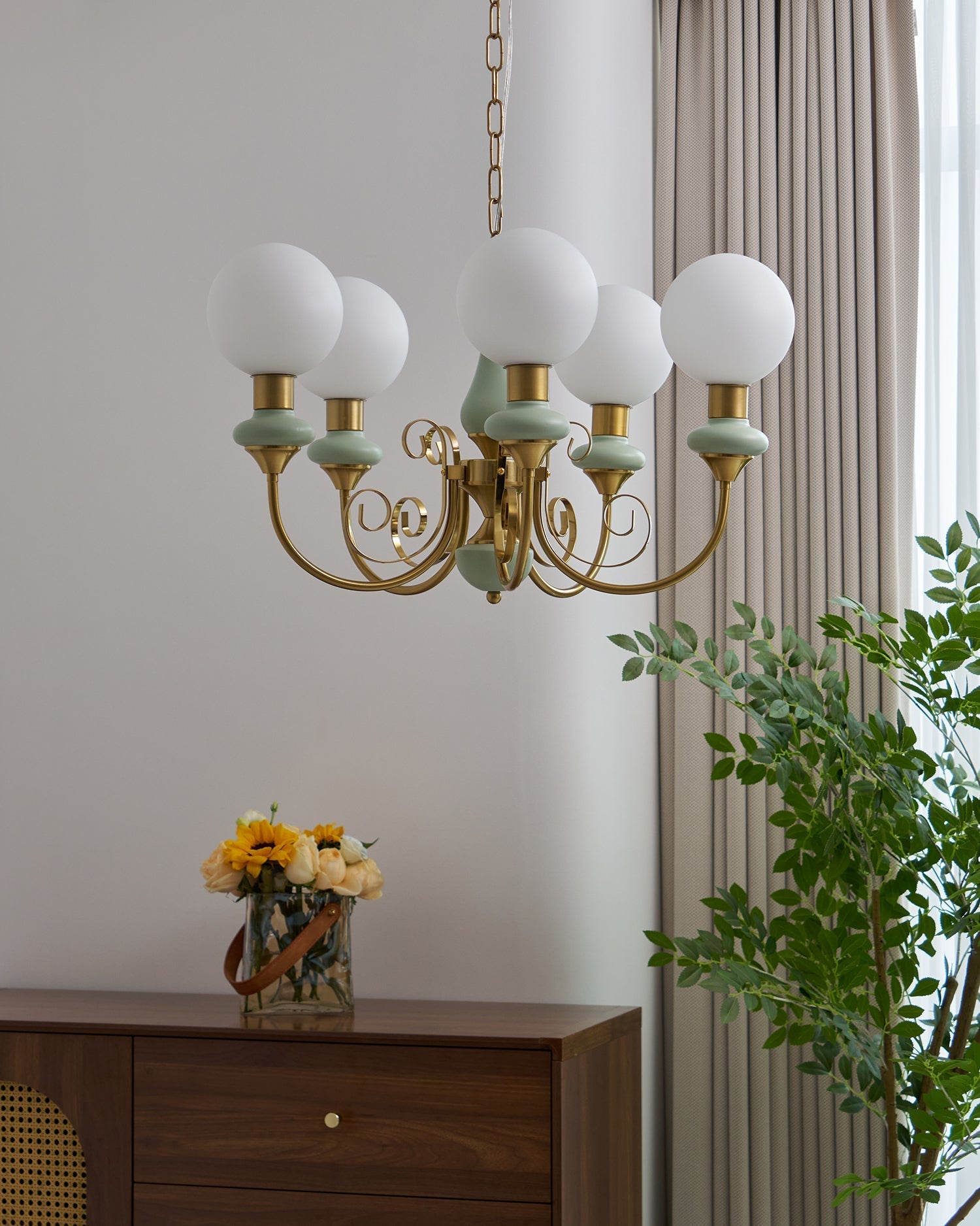 Lustra Chandelier Green Shades Gold Curved Arms-Neutral Decor