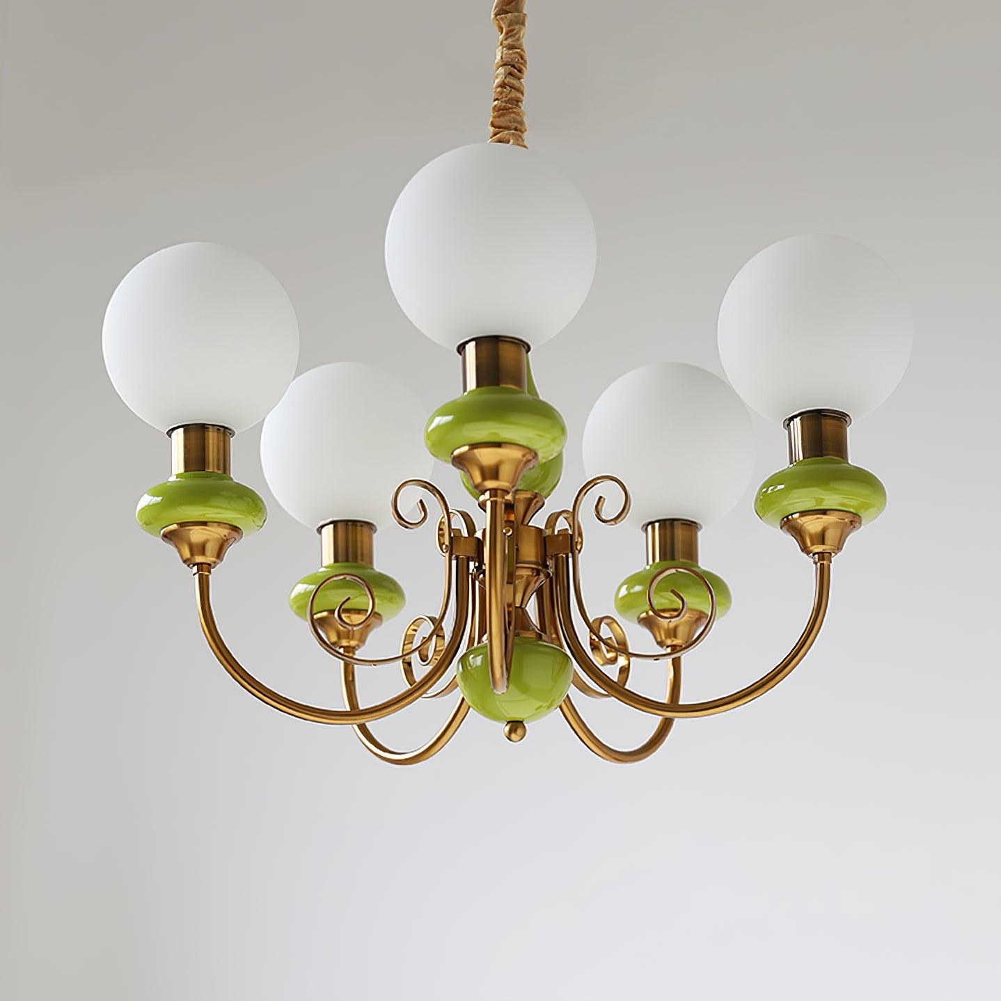 Lustra Chandelier Green Shades Gold Curved Arms-Neutral Decor
