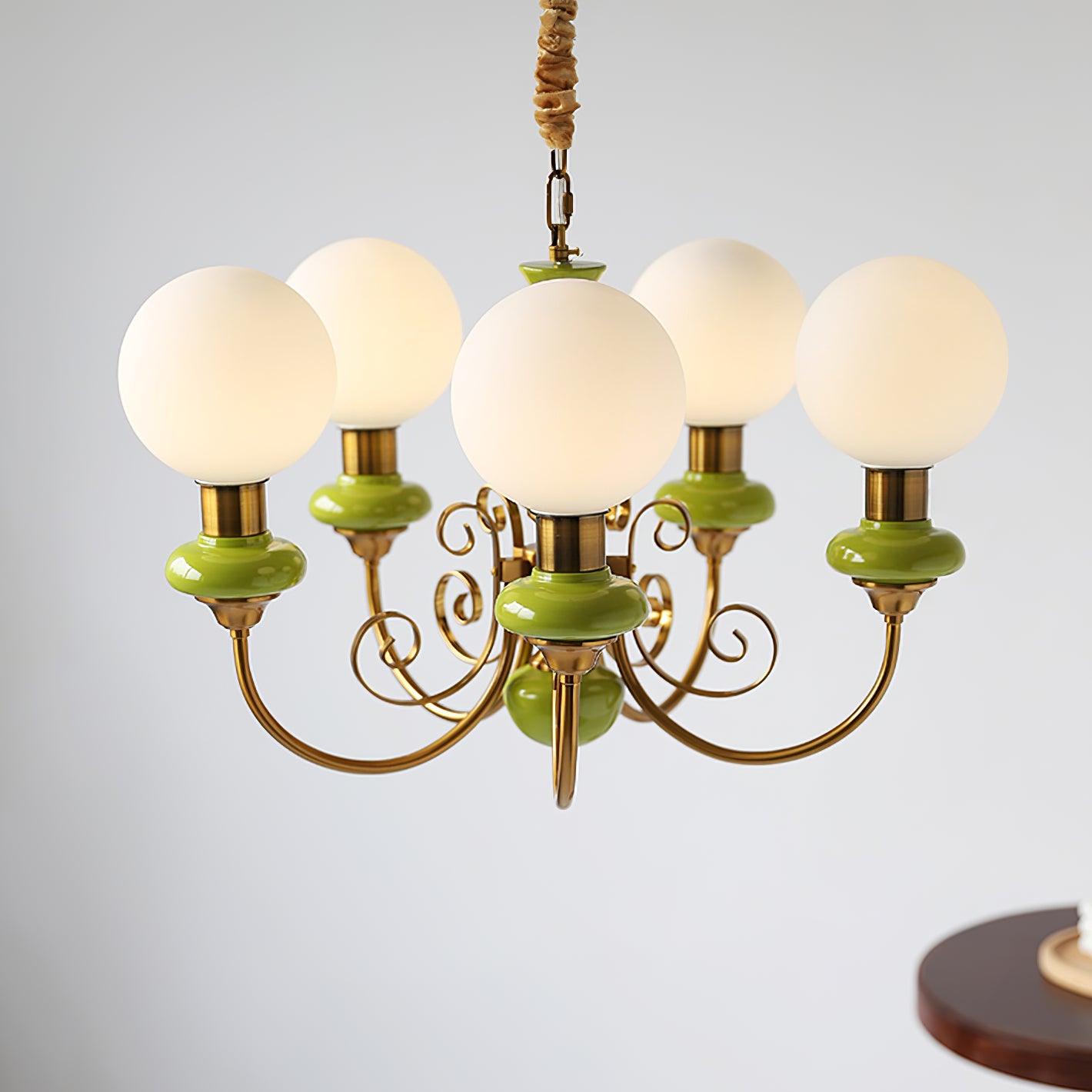 Lustra Chandelier Green Shades Gold Curved Arms-Neutral Decor