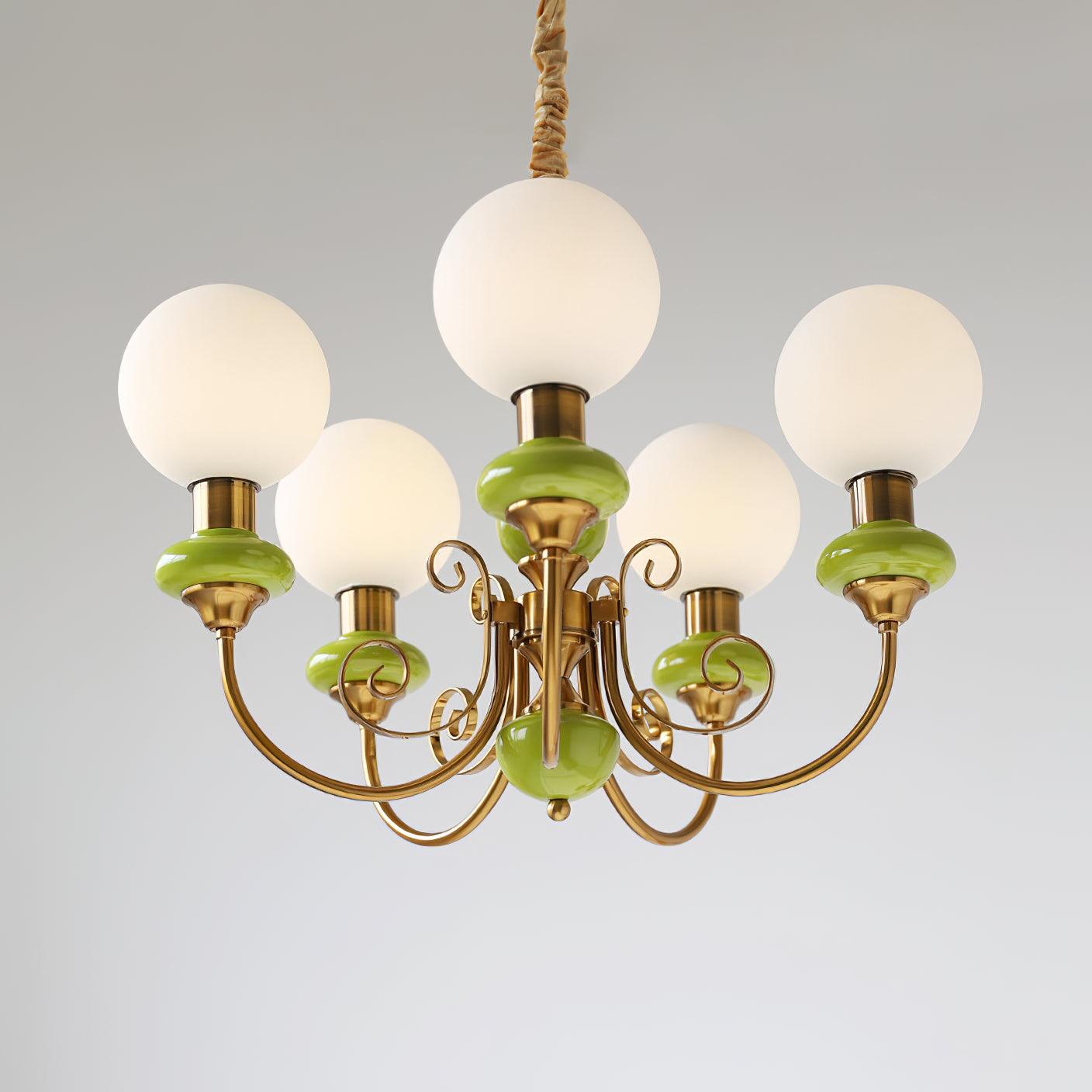 Lustra Chandelier Green Shades Gold Curved Arms-Neutral Decor