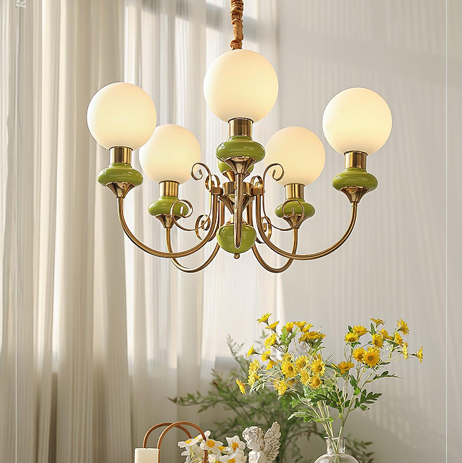Lustra Chandelier Green Shades Gold Curved Arms-Neutral Decor