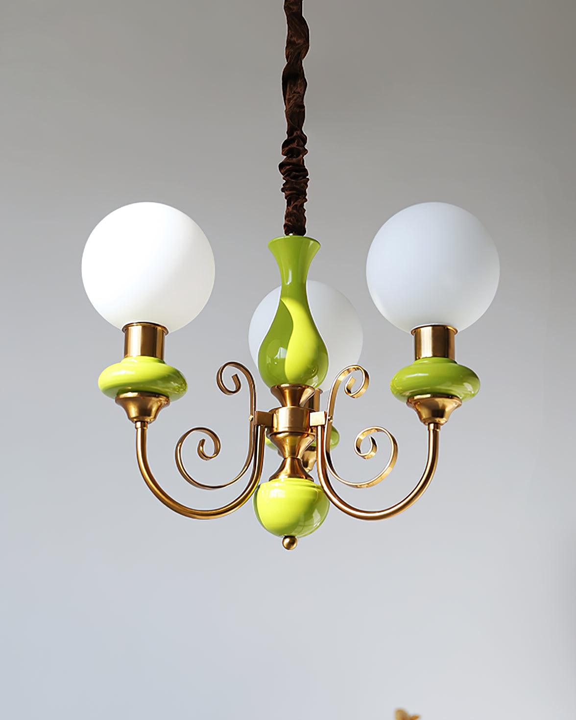 Lustra Chandelier Green Shades Gold Curved Arms-Neutral Decor