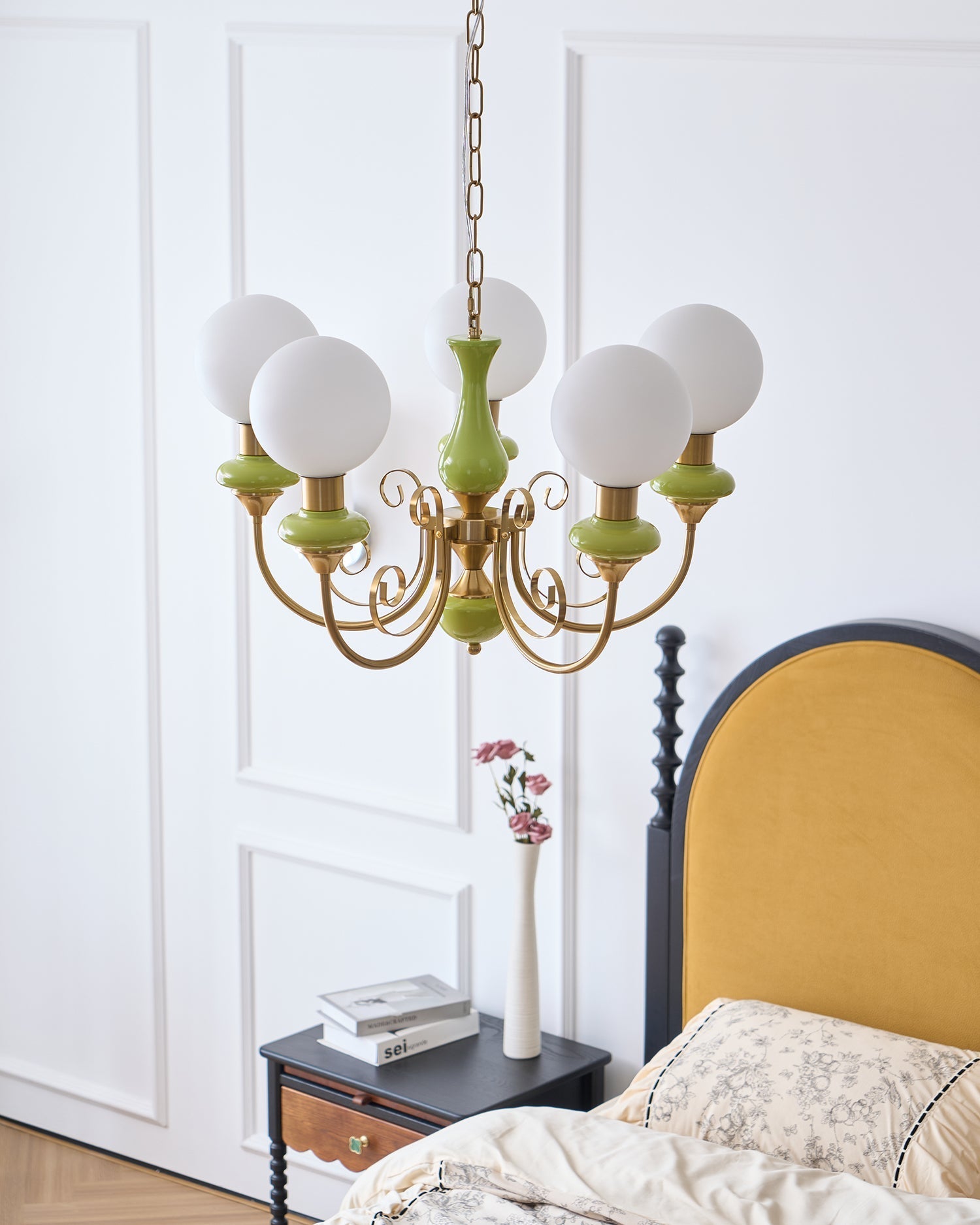 Lustra Chandelier Green Shades Gold Curved Arms-Neutral Decor
