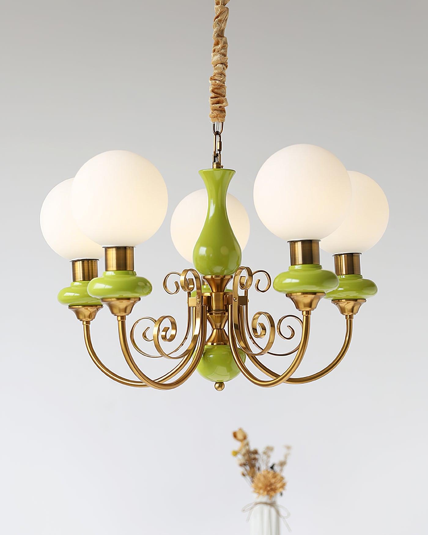 Lustra Chandelier Green Shades Gold Curved Arms-Neutral Decor
