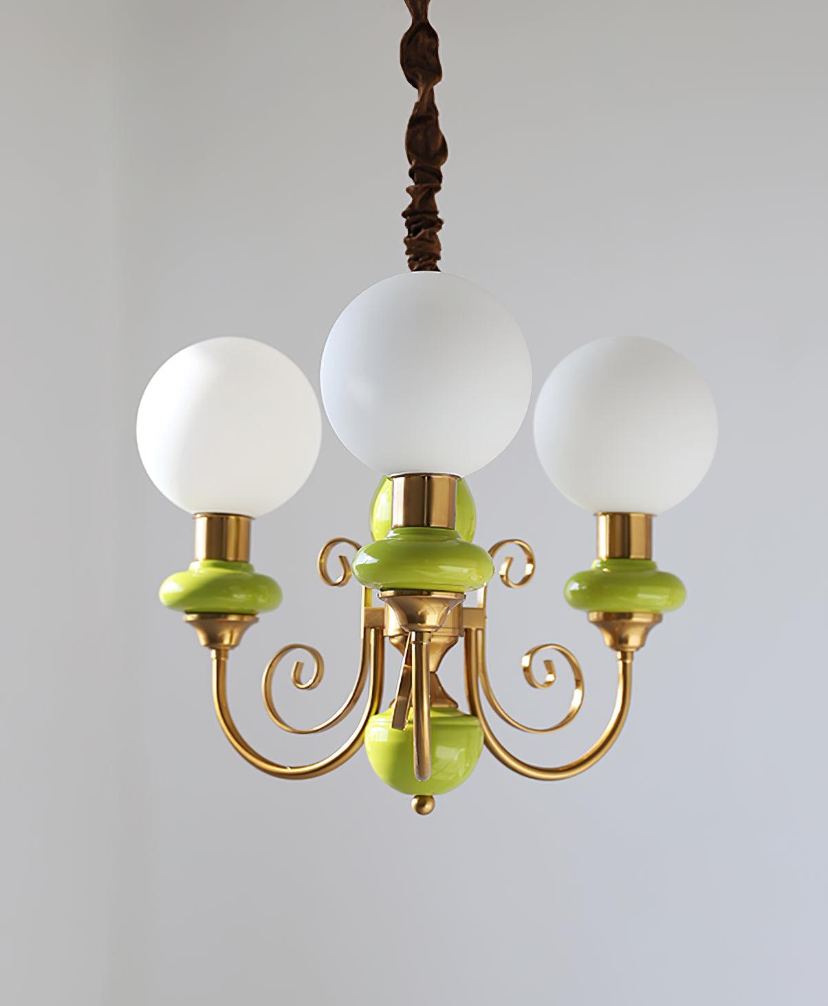 Lustra Chandelier Green Shades Gold Curved Arms-Neutral Decor