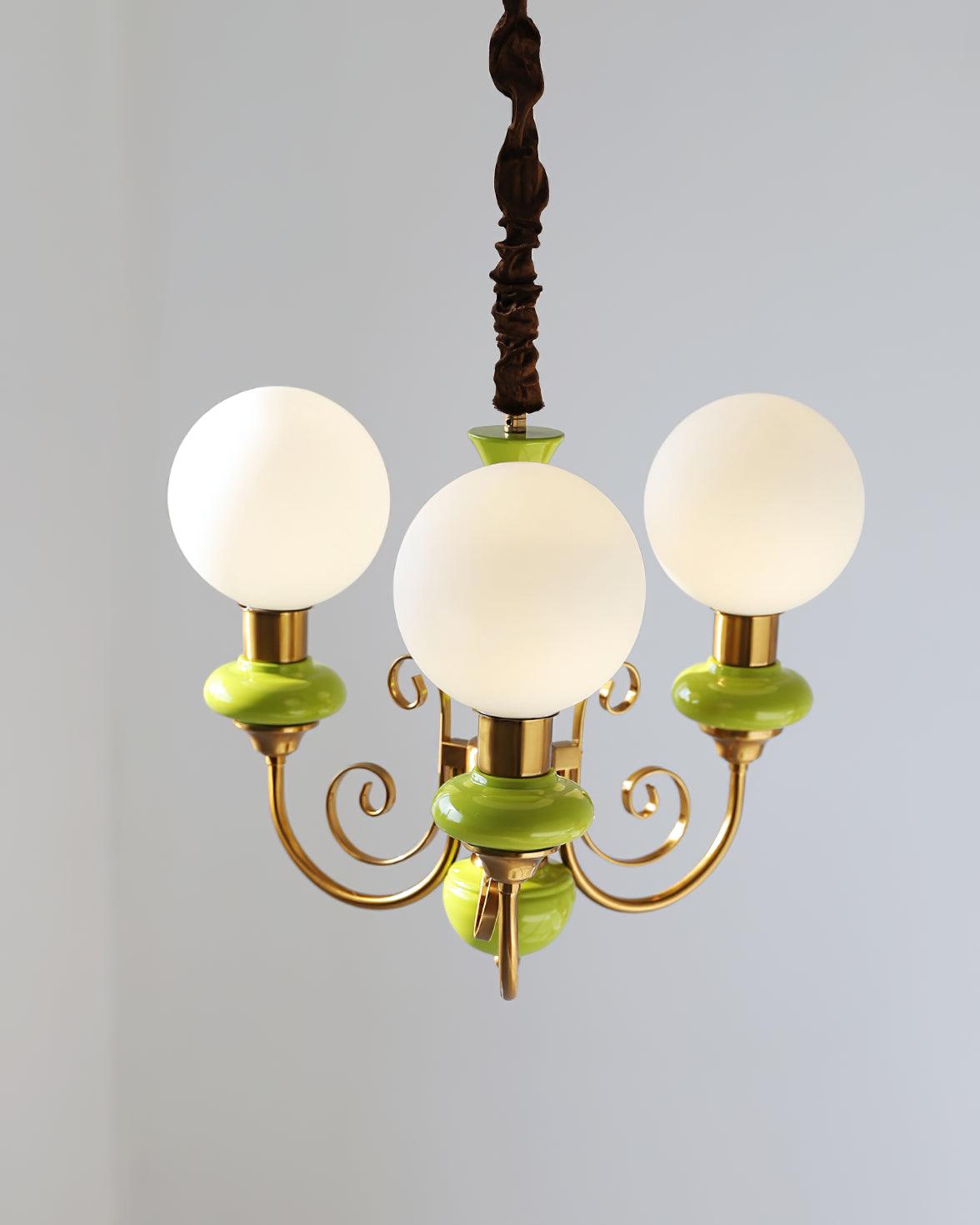 Lustra Chandelier Green Shades Gold Curved Arms-Neutral Decor