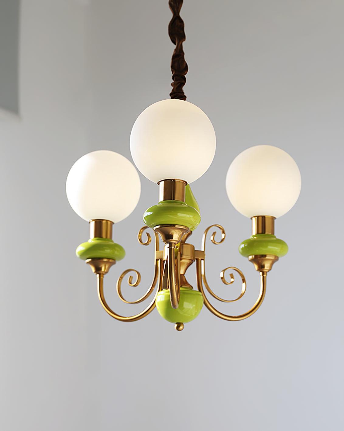 Lustra Chandelier Green Shades Gold Curved Arms-Neutral Decor