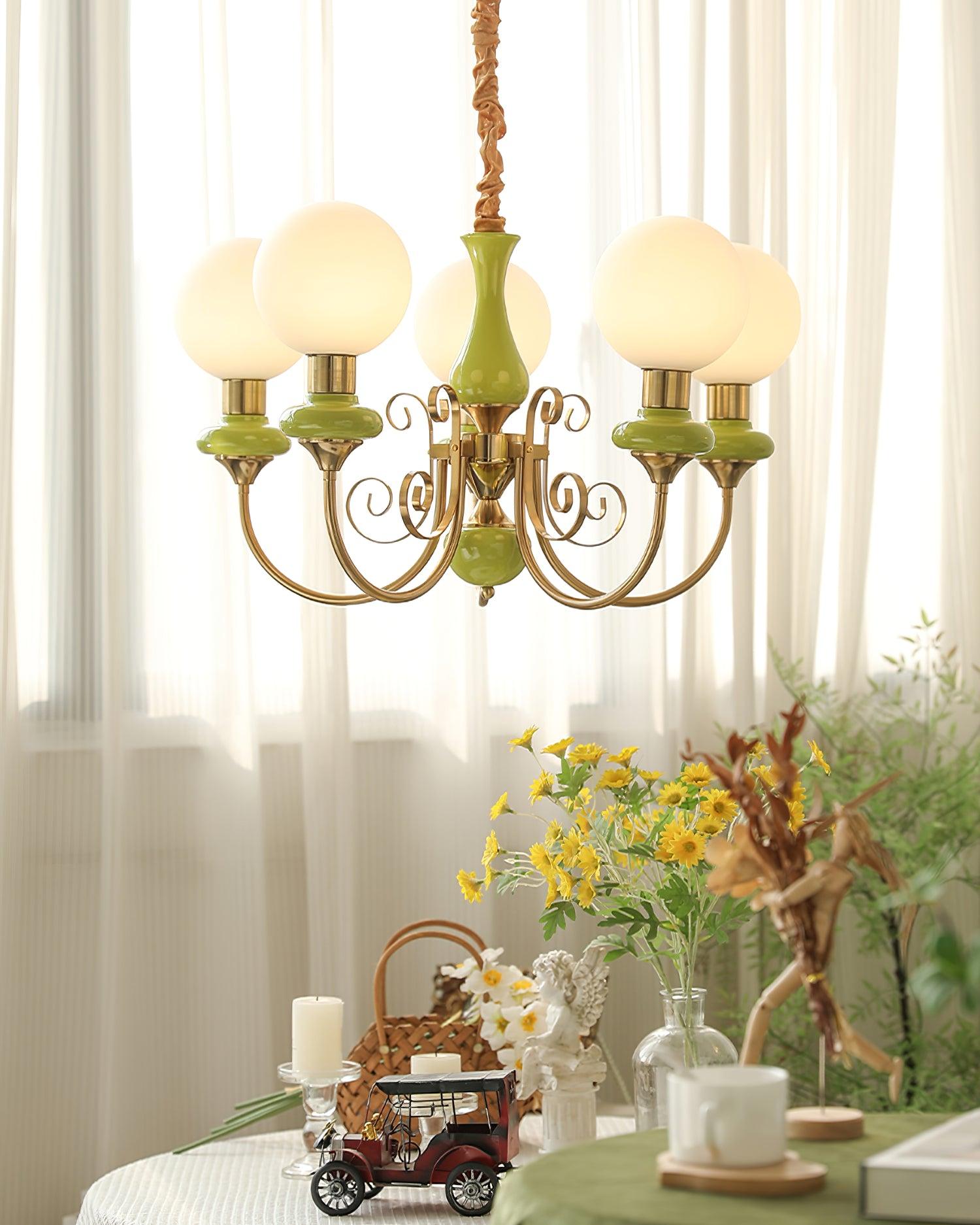 Lustra Chandelier Green Shades Gold Curved Arms-Neutral Decor