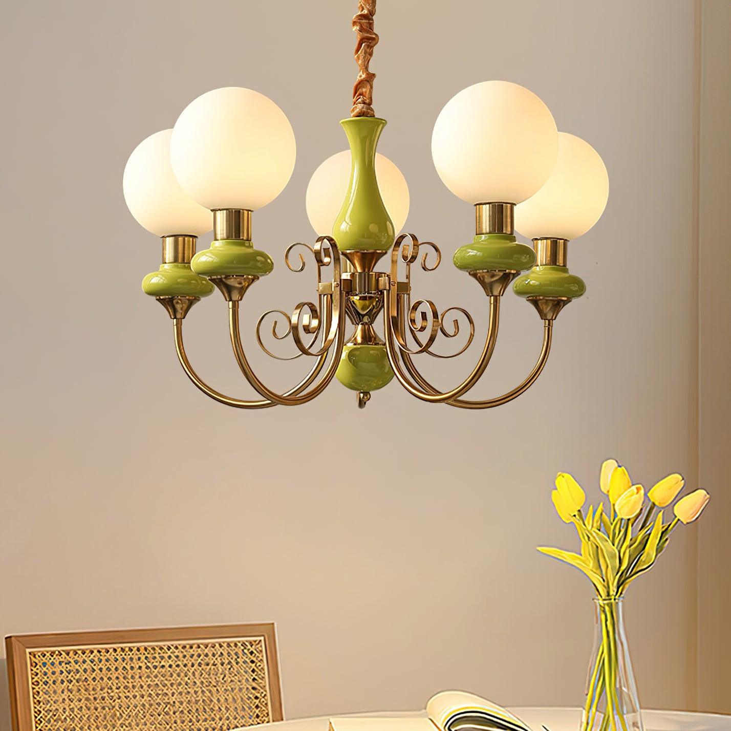 Lustra Chandelier Green Shades Gold Curved Arms-Neutral Decor