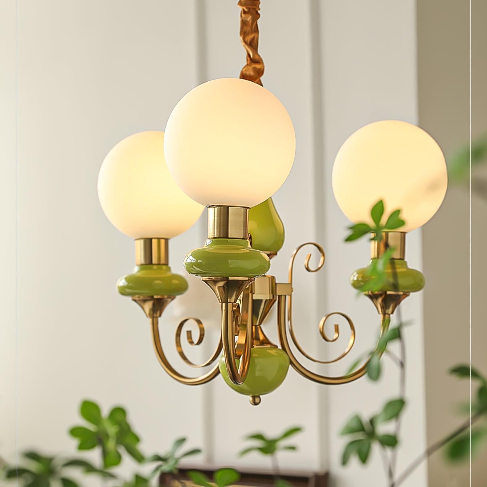 Lustra Chandelier Green Shades Gold Curved Arms-Neutral Decor