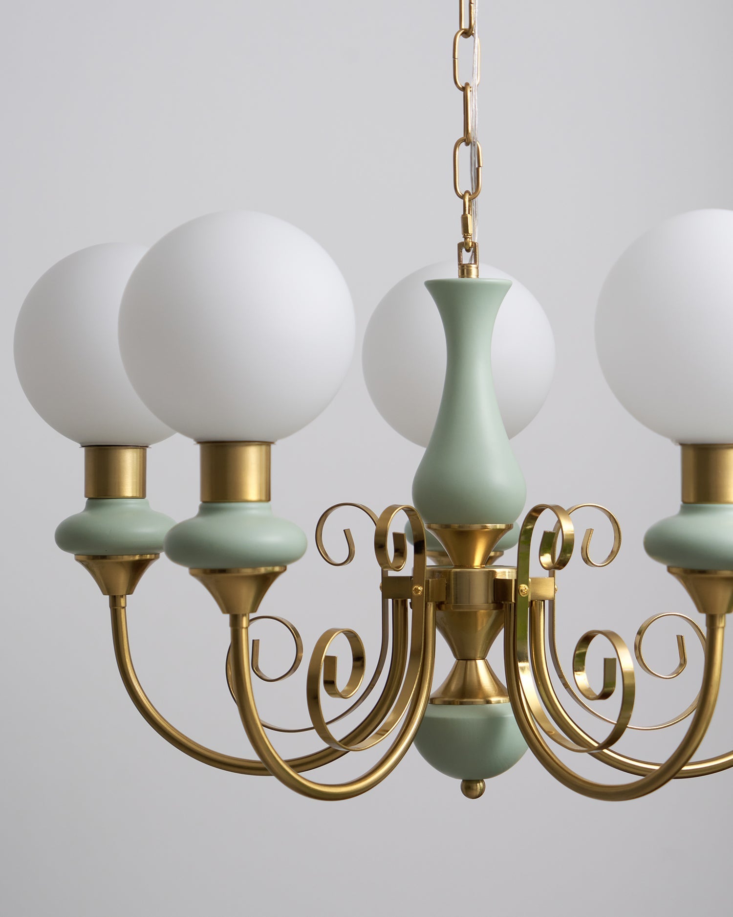 Lustra Chandelier Green Shades Gold Curved Arms-Neutral Decor