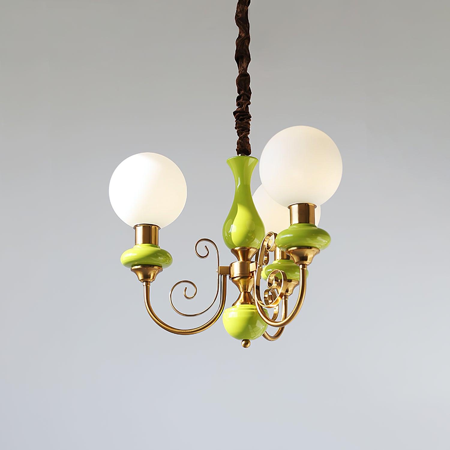 Lustra Chandelier Green Shades Gold Curved Arms-Neutral Decor