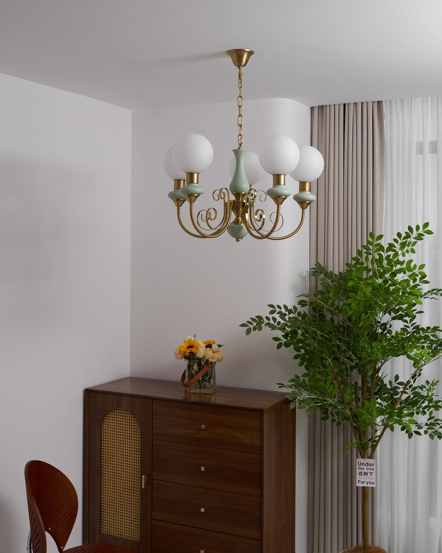 Lustra Chandelier Green Shades Gold Curved Arms-Neutral Decor
