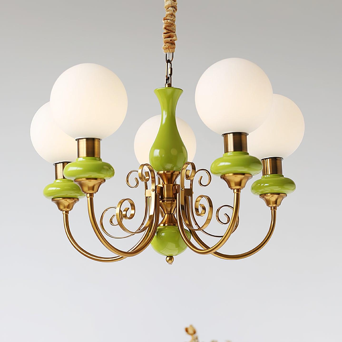 Lustra Chandelier Green Shades Gold Curved Arms-Neutral Decor