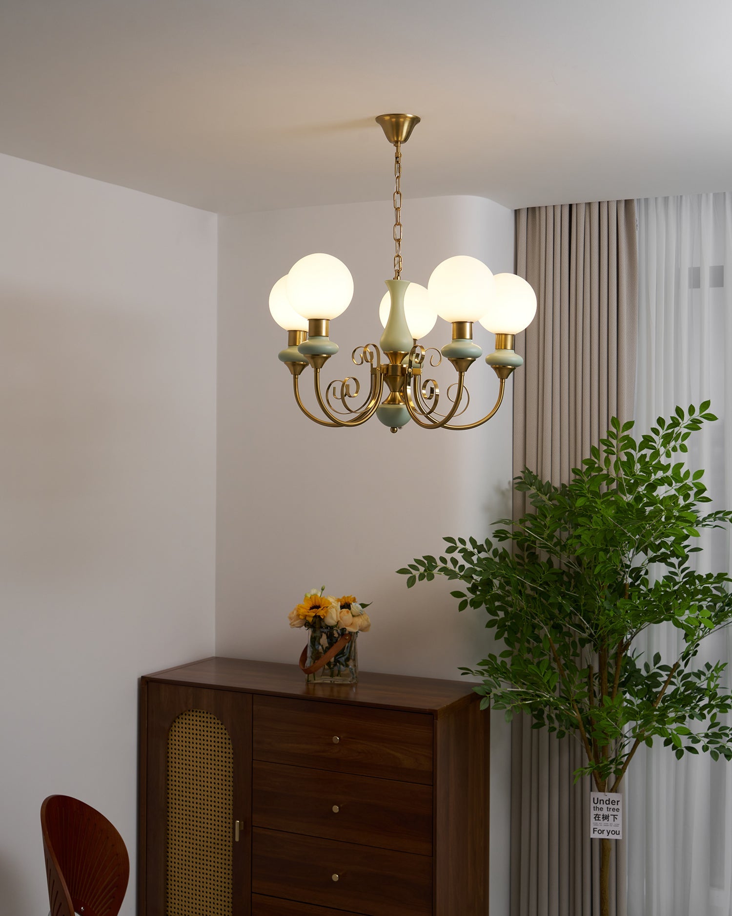 Lustra Chandelier Green Shades Gold Curved Arms-Neutral Decor
