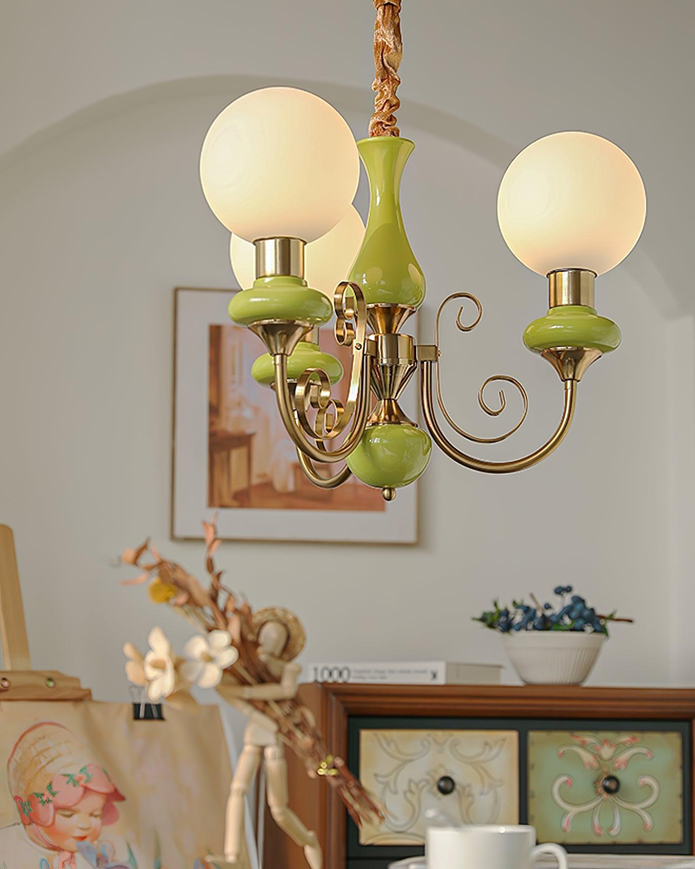 Lustra Chandelier Green Shades Gold Curved Arms-Neutral Decor