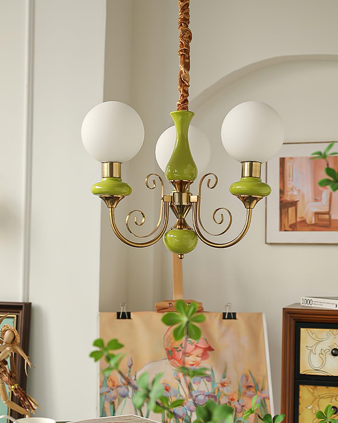 Lustra Chandelier Green Shades Gold Curved Arms-Neutral Decor