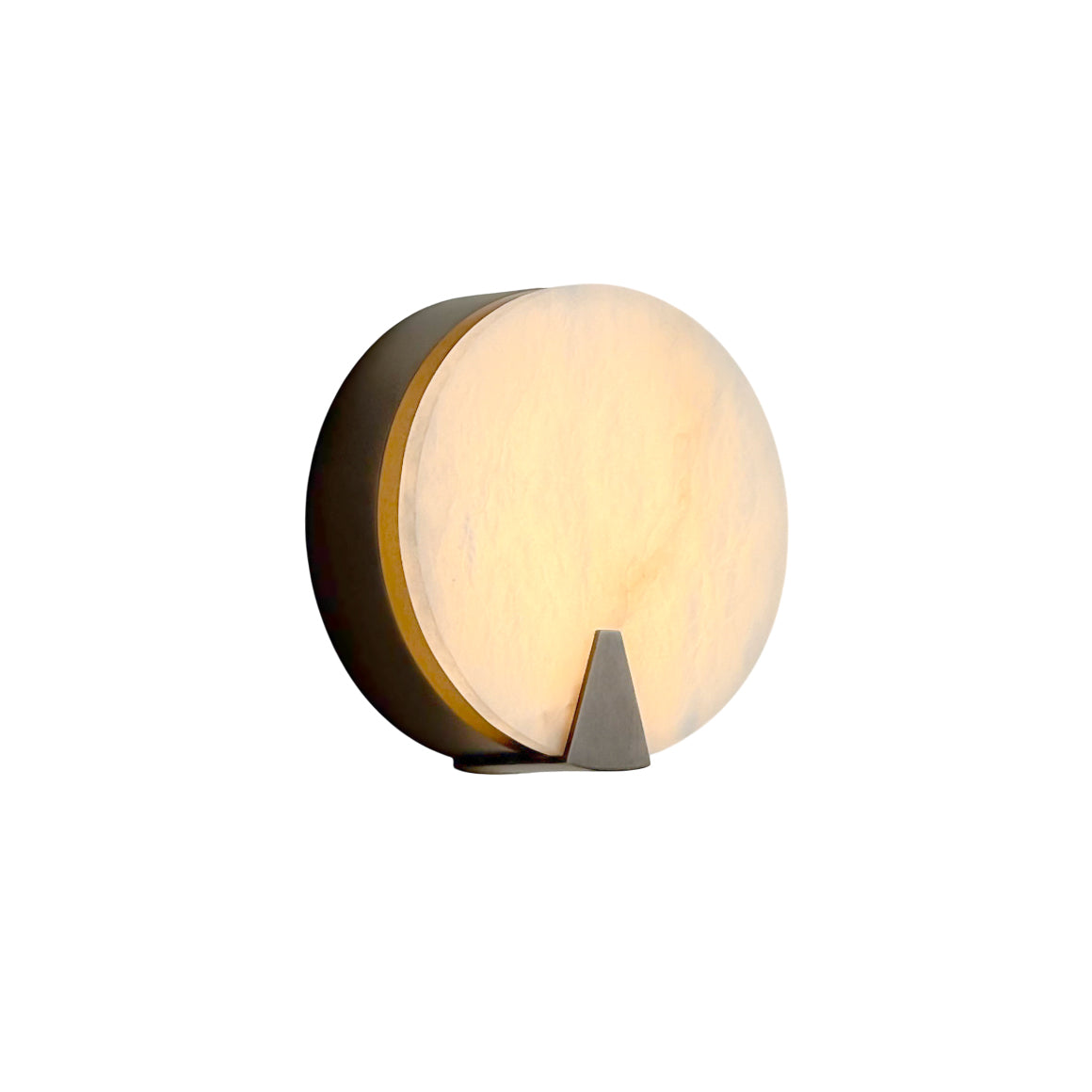 Ophelia Alabaster Round Sconce shown in a modern living room setting.